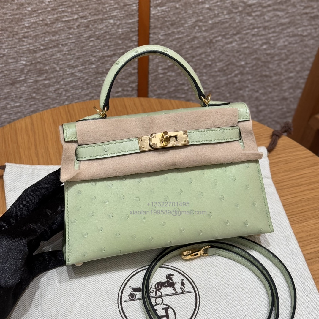 Hermès Mini Kelly Sellier II 20 in Ostrich Leather 3i/Vert Criquet