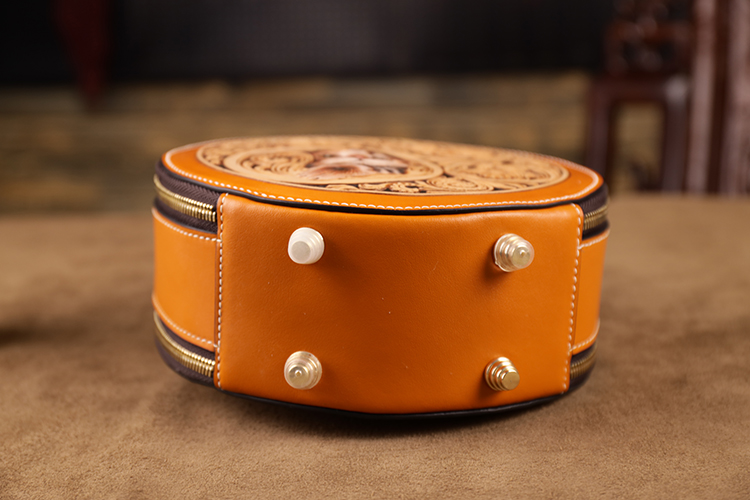 New Chinese-style Round Bag, Handcrafted Leather Carving, Luxury Women's Handbag, Trendy Niche Shoulder and Crossbody Bag.