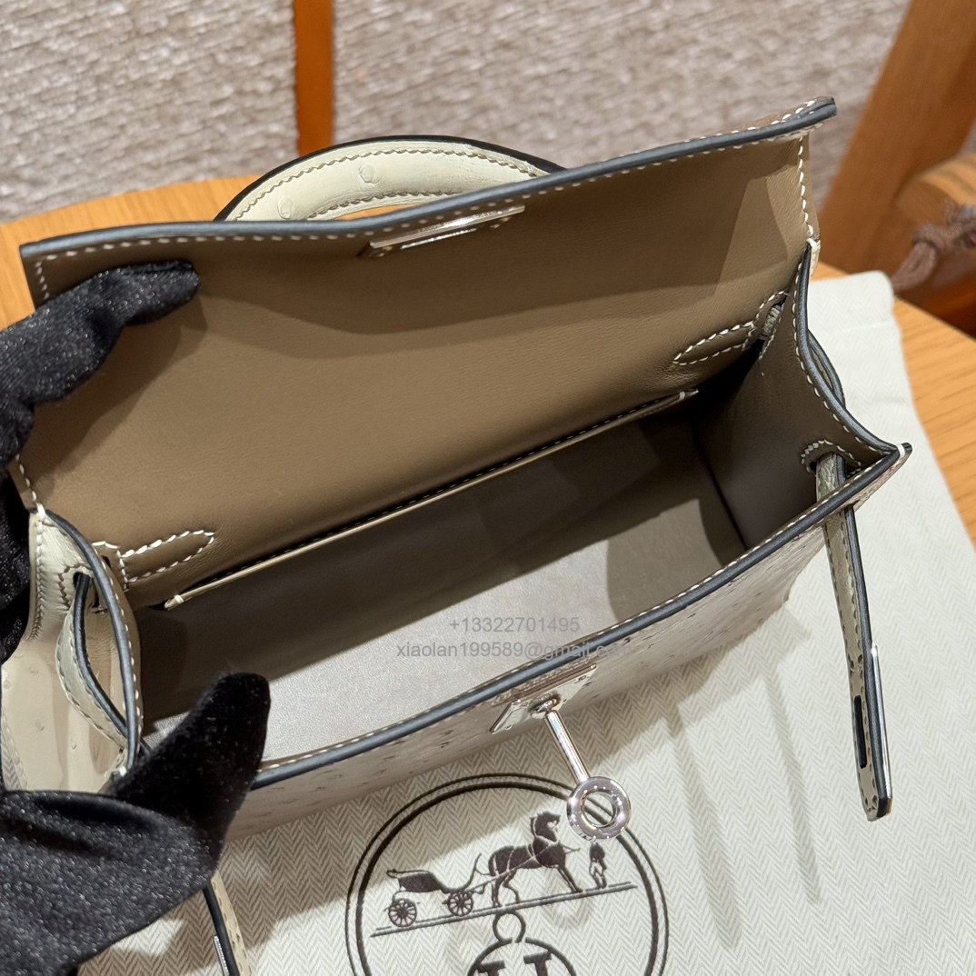 Hermès Mini Kelly Sellier II 20 in Ostrich Leather 81/Girs tourtelle and 8L/Beton