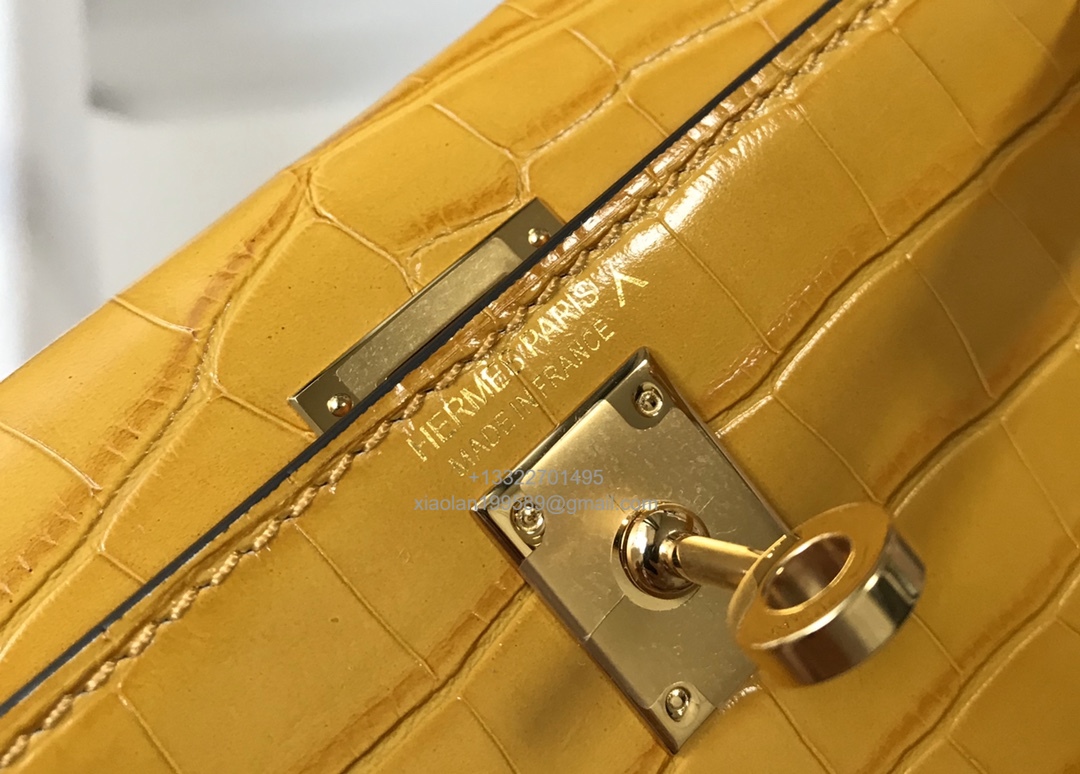Hermès Mini Kelly in Crocodile Leather, Fully Handmade Premium Private Customization –Amber Yellow