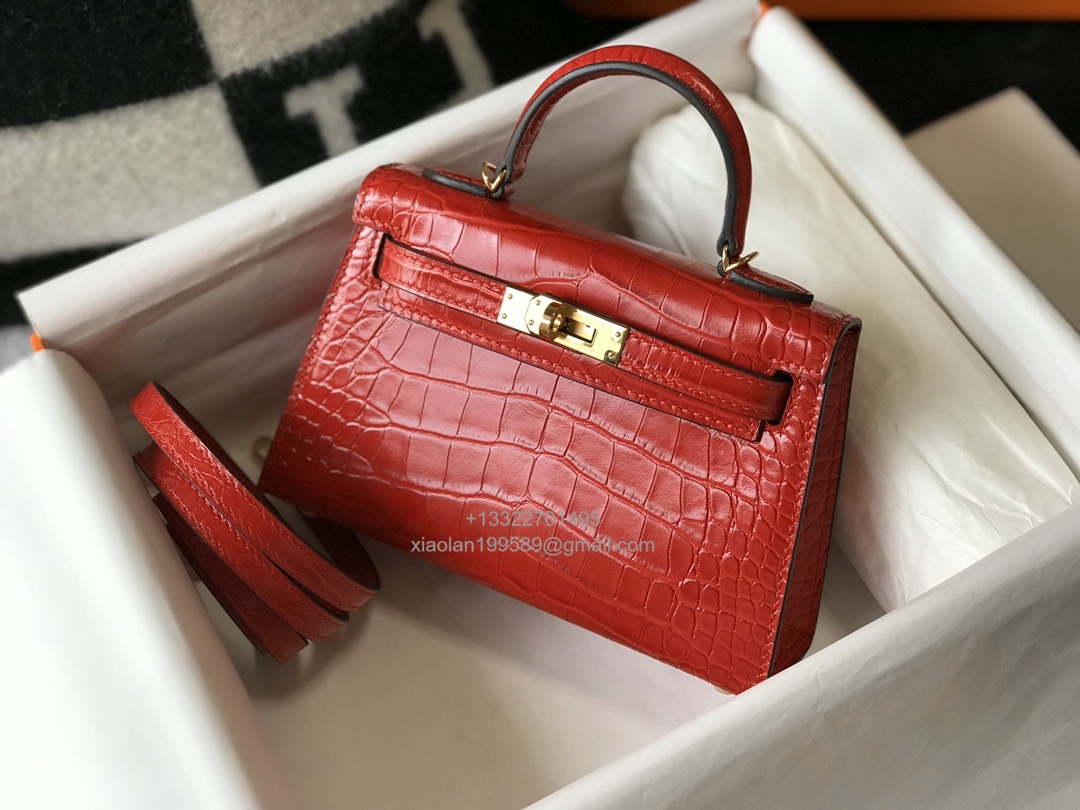 Hermès Mini Kelly in Crocodile Leather, Fully Handmade Premium Private Customization – Flag Red