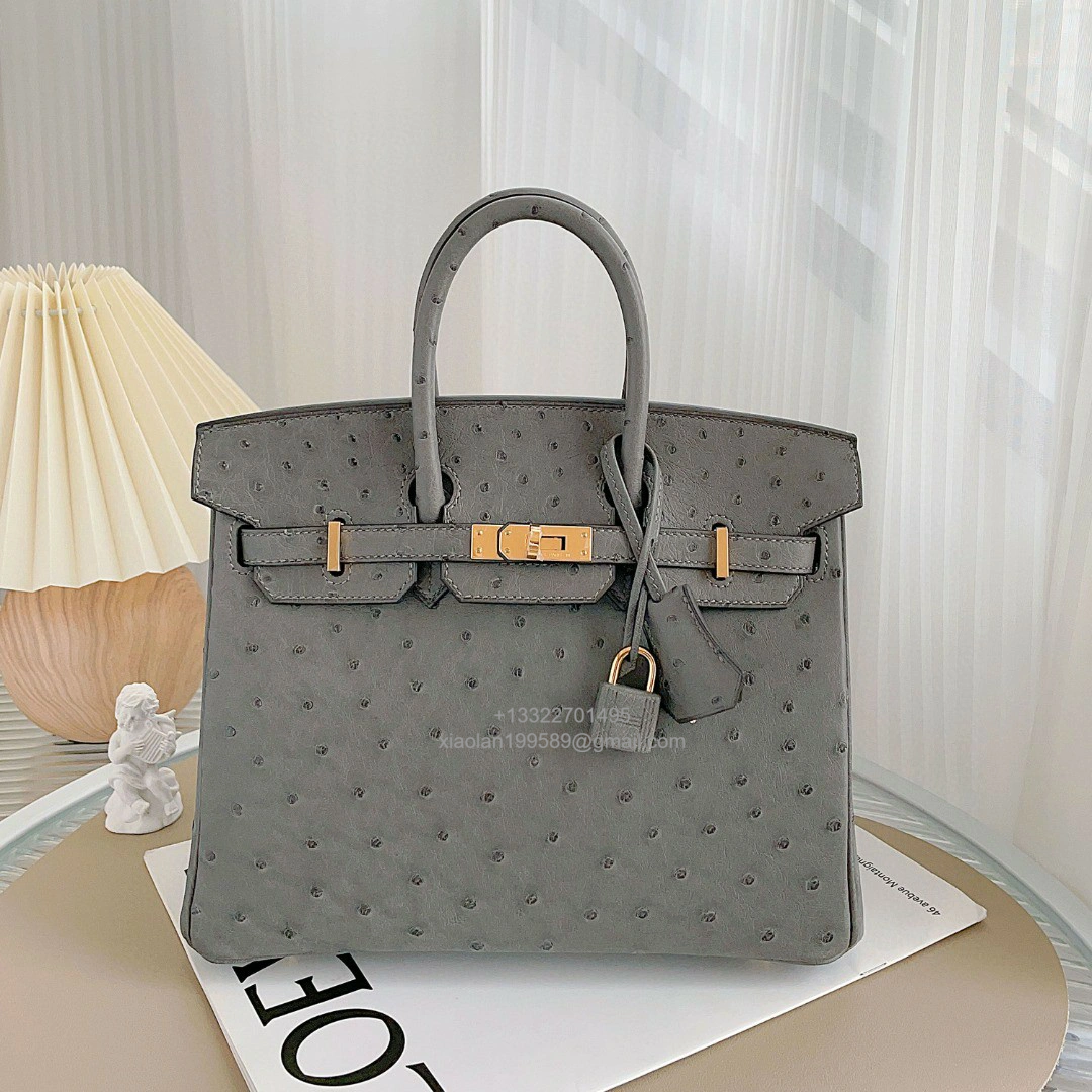 Birkin 25/30/35cm South African KK Ostrich Leather, Premium Fully Handcrafted Exclusive Custom –Nata Grey