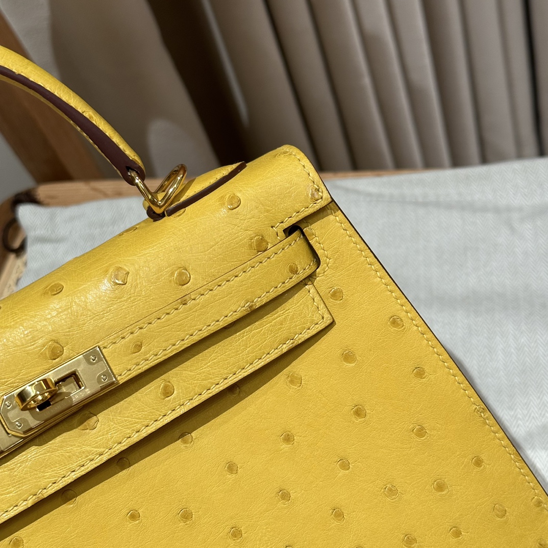 Kelly 25/28/32cm South African KK Ostrich Leather, Premium Fully Handcrafted Exclusive Custom –Jaune De Naples
