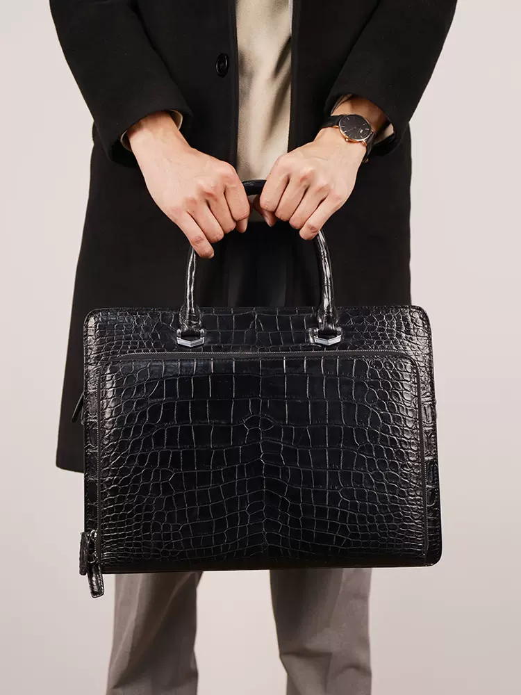 Handcrafted Custom Black Crocodile Leather Briefcase, Genuine Leather Commuter Bag for Men and Women