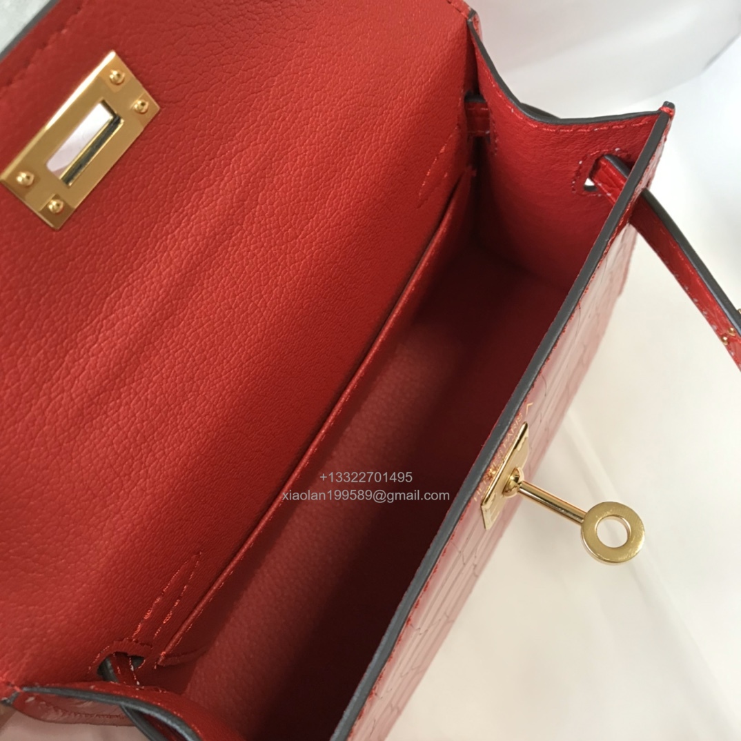Hermès Mini Kelly in Crocodile Leather, Fully Handmade Premium Private Customization – Flag Red