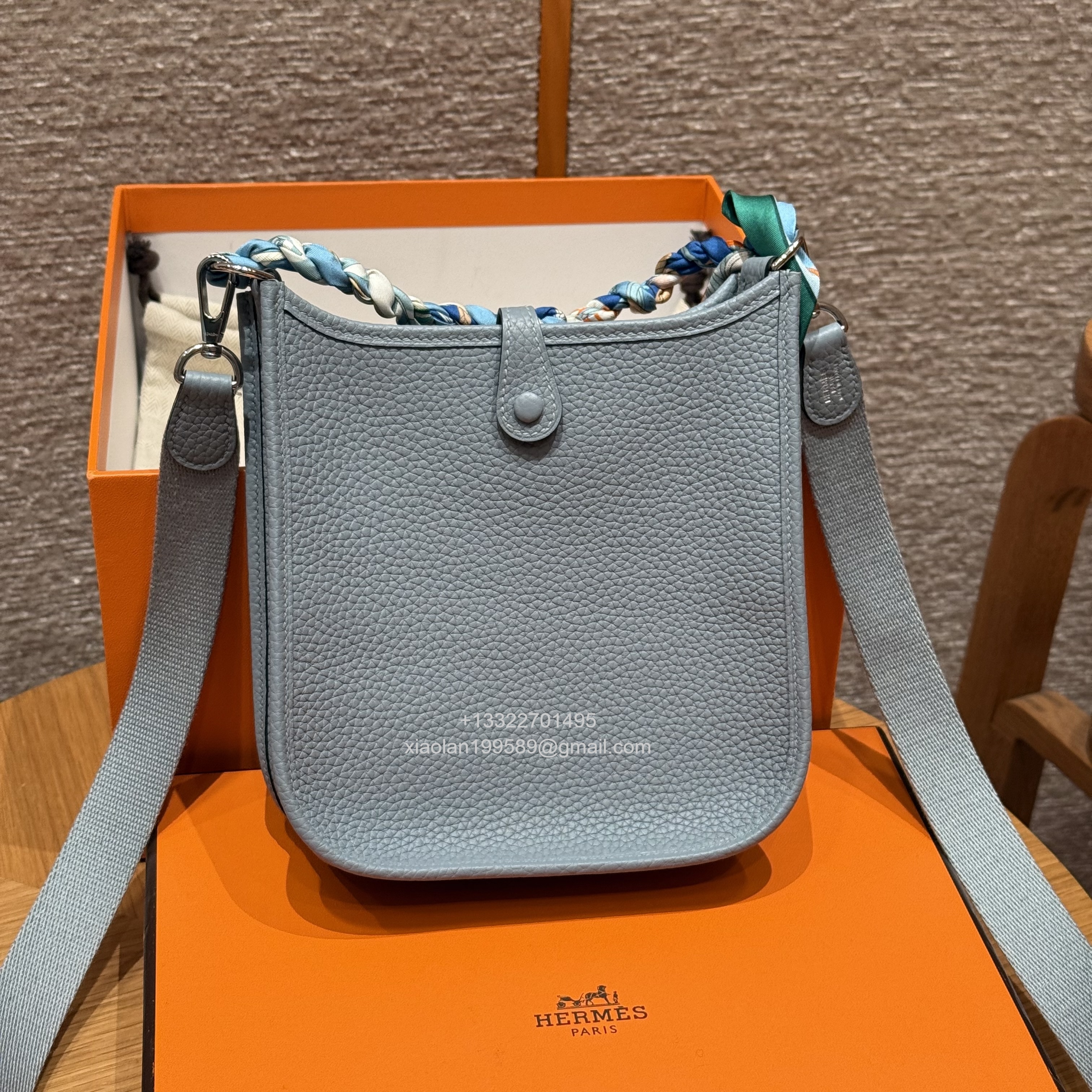 Hermès Evelyne mini Bag in Clemence Leather, Premium Handcrafted Customization-Blue Lin