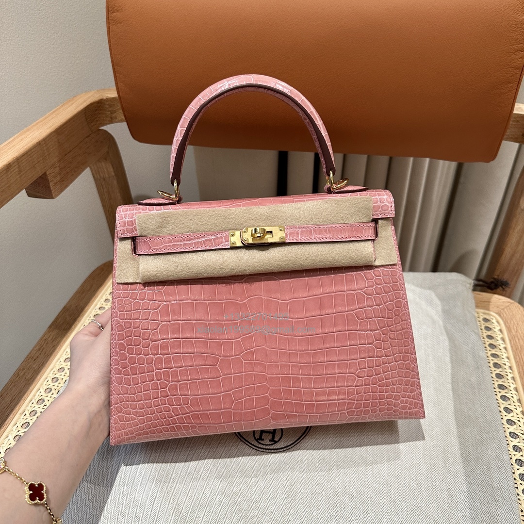 Hermès Kelly 25/28/32cm in Crocodile Leather, Fully Handmade Premium Private Customization-Milkshake Pink
