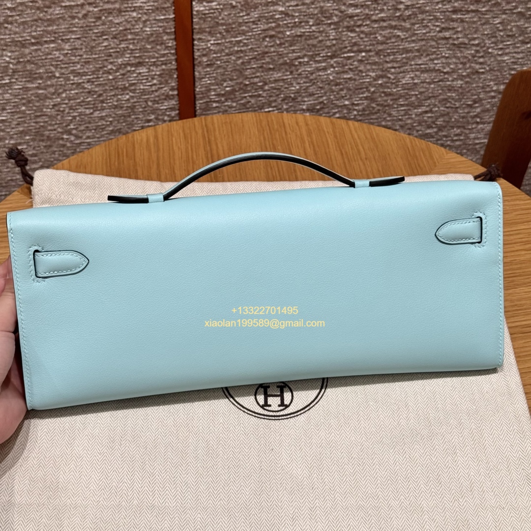 Hermès Kelly Cut Clutch in Breeze Blue, made from original French-imported Swift leather. Premium fully handcrafted exclusive customization.