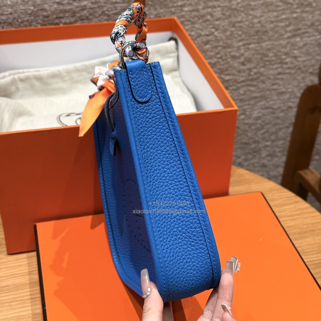 Hermès Evelyne mini Bag in Clemence Leather, Premium Handcrafted Customization-Blue zelige