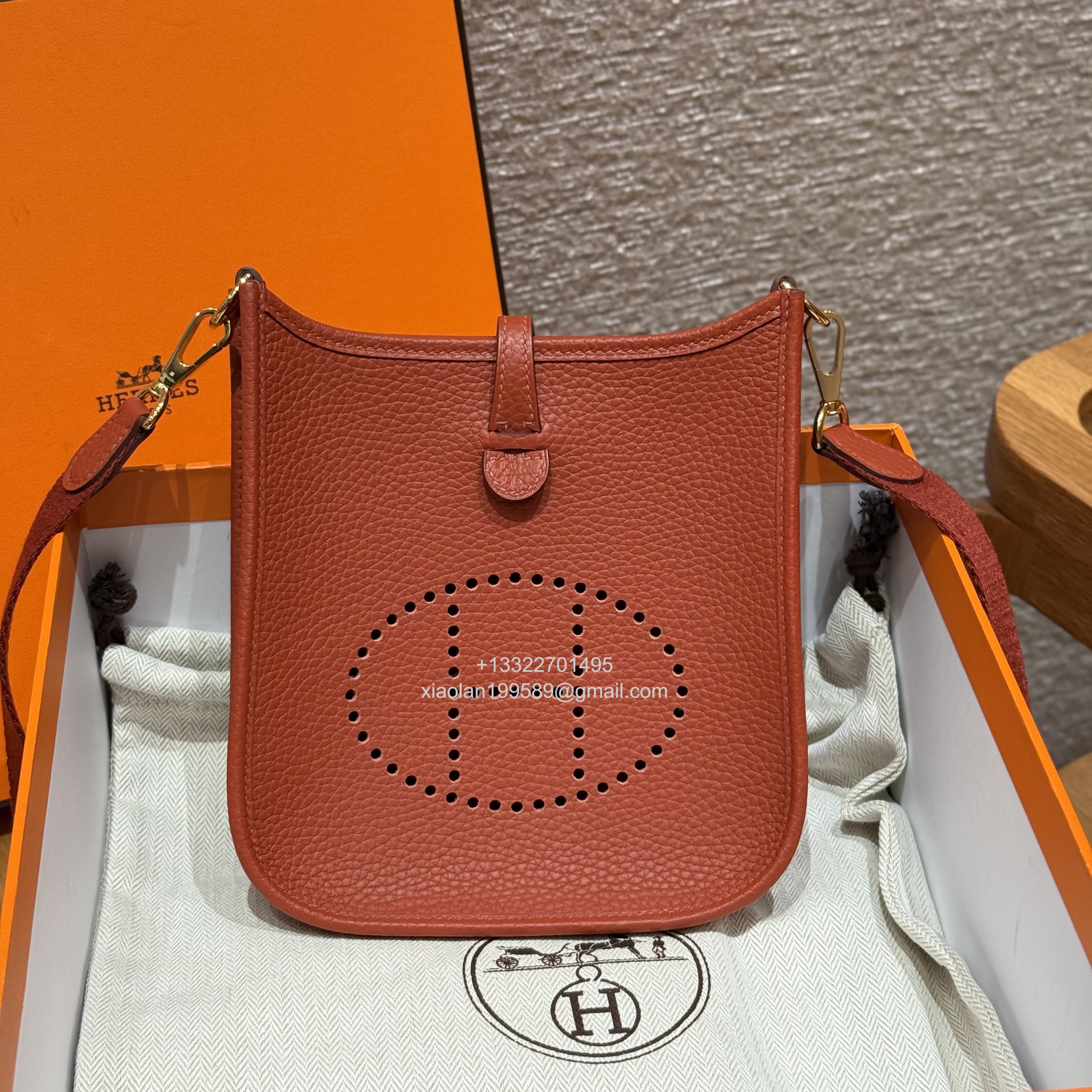 Hermès Evelyne mini Bag in Clemence Leather, Premium Handcrafted Customization-Brique