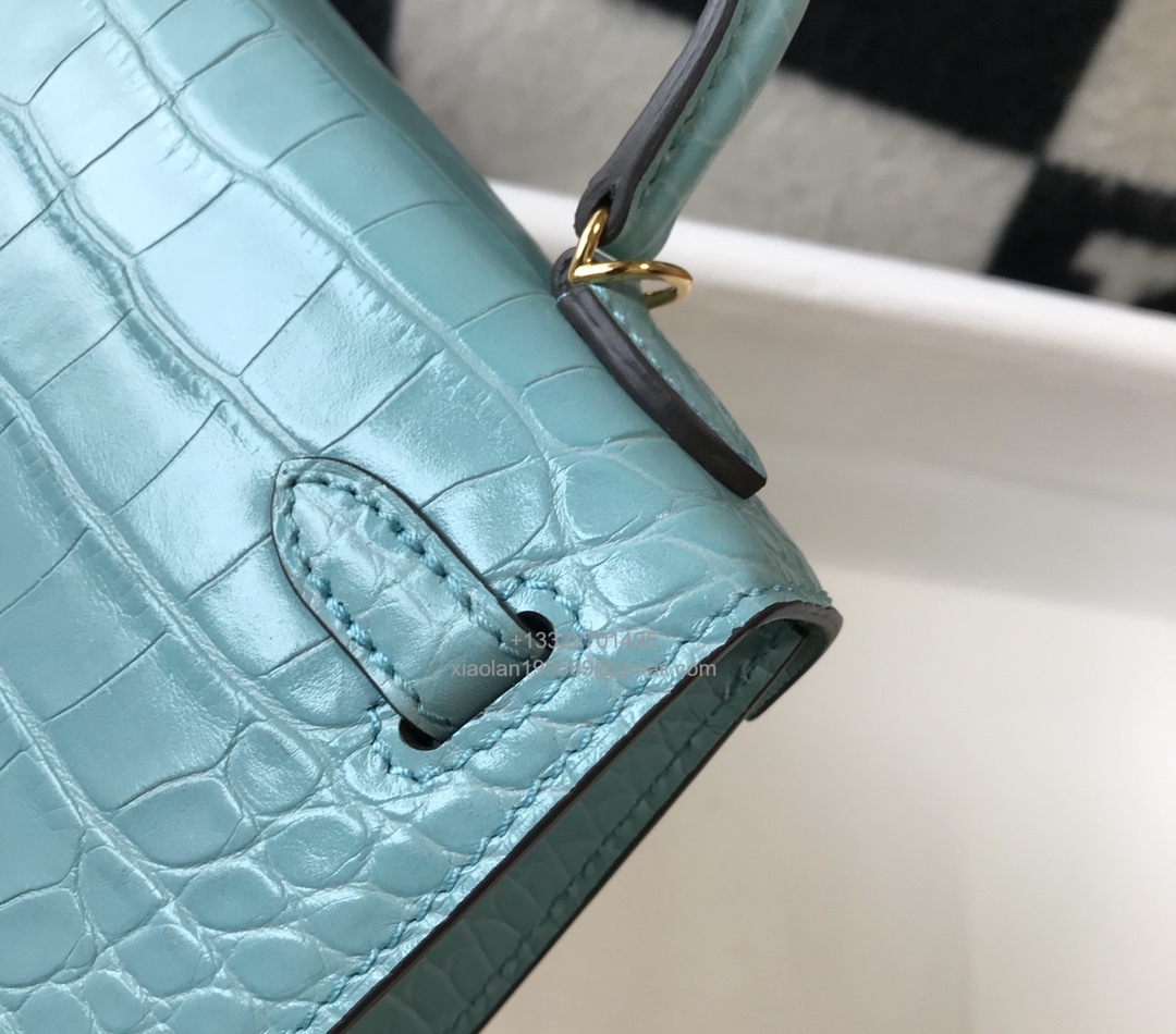 Hermès Mini Kelly in Crocodile Leather, Fully Handmade Premium Private Customization –Macaw Blue