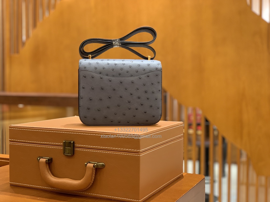 Hermès Constance 18/24 in Ostrich Leather, Premium Fully Handmade Exclusive Customization –Asphalt Grey