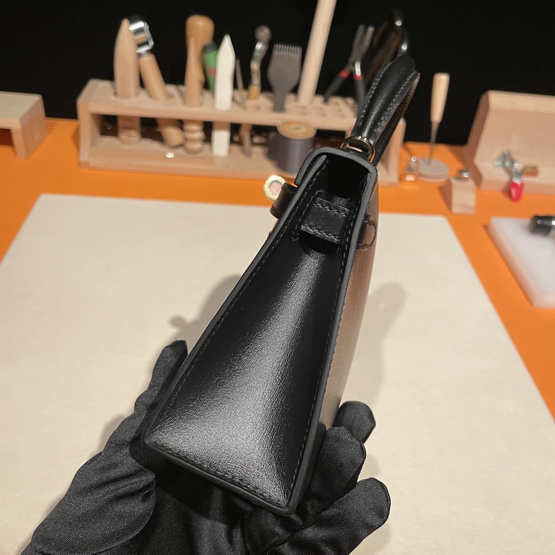 Hermès Mini Kelly II Handbag in Black Made from Box Calf Leather, Purely Handcrafted, High-End Customization Edition