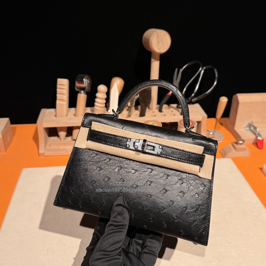 Hermès Mini Kelly Sellier II 20 in Ostrich Leather  Black