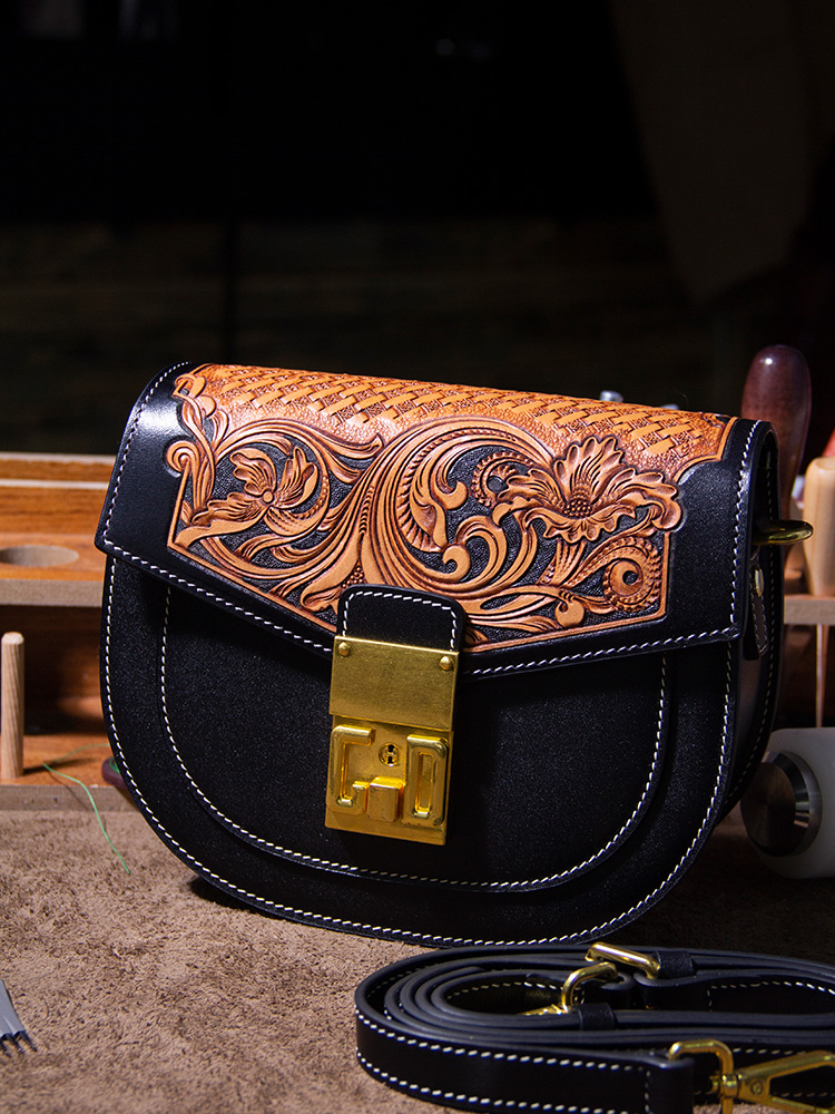 Handcrafted Custom Genuine Full-Grain Leather Saddle Bag, Heavy-Duty Leather Carving, Vintage Women's Crossbody and Shoulder Bag