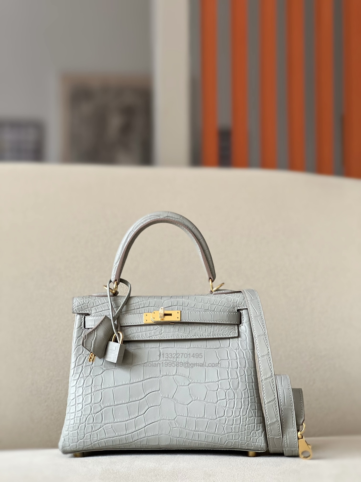 Hermès Kelly 25/28/32cm in Crocodile Leather, Fully Handmade Premium Private Customization-Pearl Grey