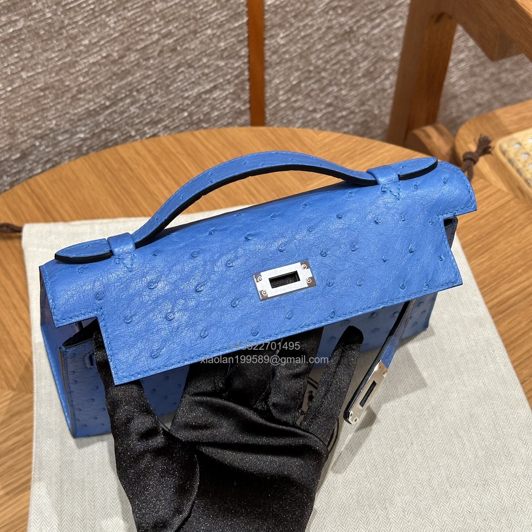 Hermès Kelly Pochette Clutch Bag, South African KK ostrich leather, fully handmade haute couture – O7/Bleuet