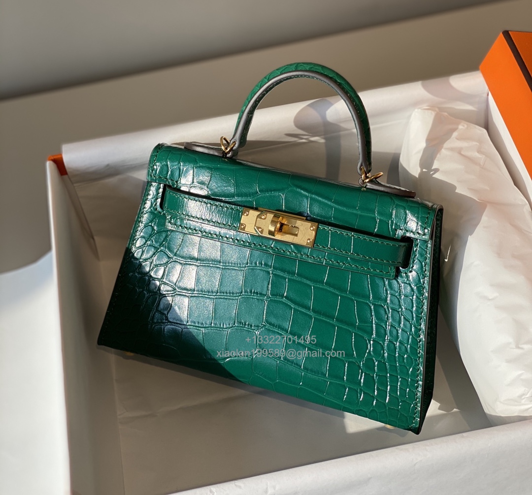 Hermès Mini Kelly in Crocodile Leather, Fully Handmade Premium Private Customization –Emerald Green