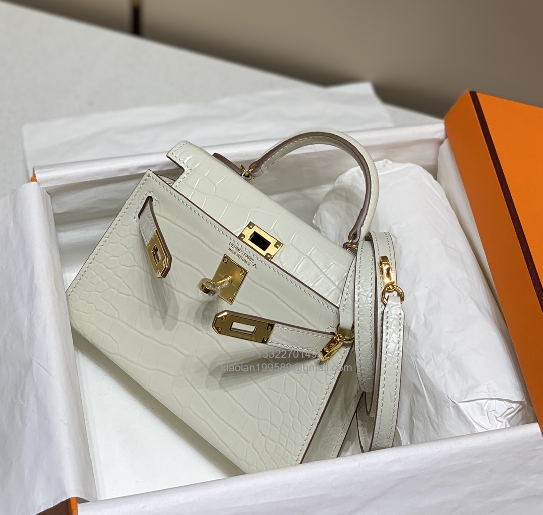 Hermès Mini Kelly in Crocodile Leather, Fully Handmade Premium Private Customization –Milkshake White