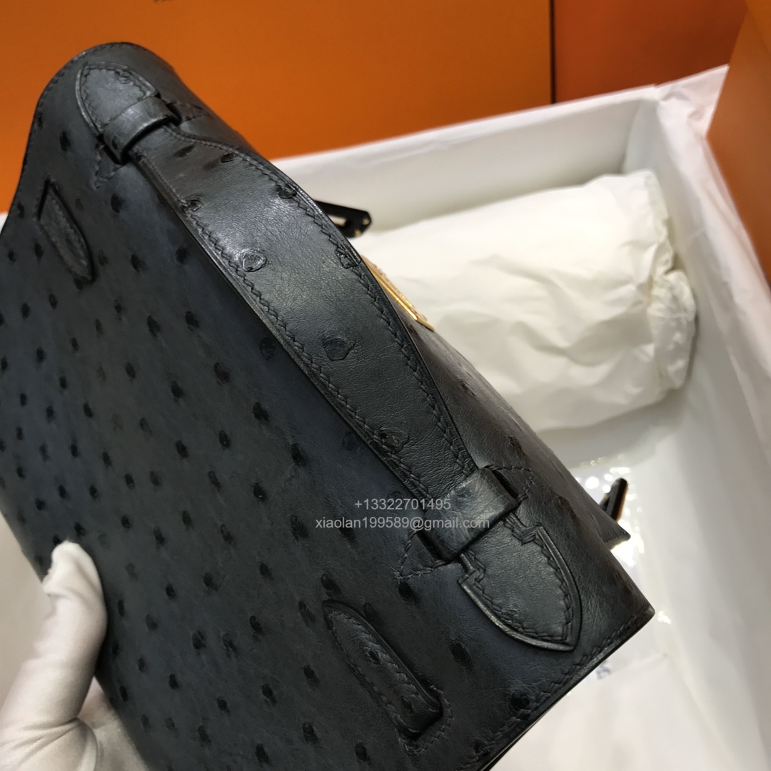 Hermès Kelly Pochette Clutch Bag, South African KK ostrich leather, fully handmade haute couture – Black