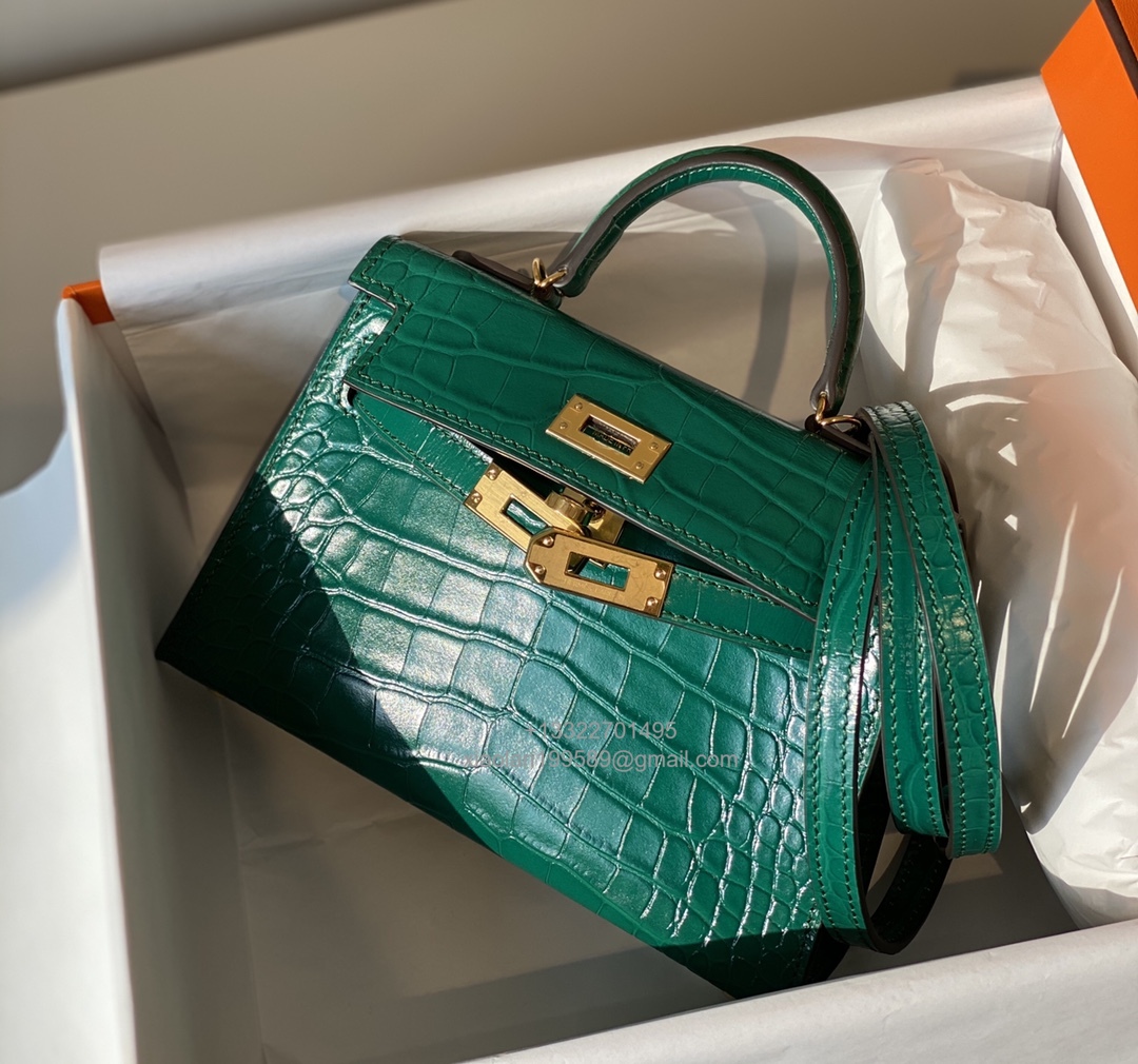 Hermès Mini Kelly in Crocodile Leather, Fully Handmade Premium Private Customization –Emerald Green