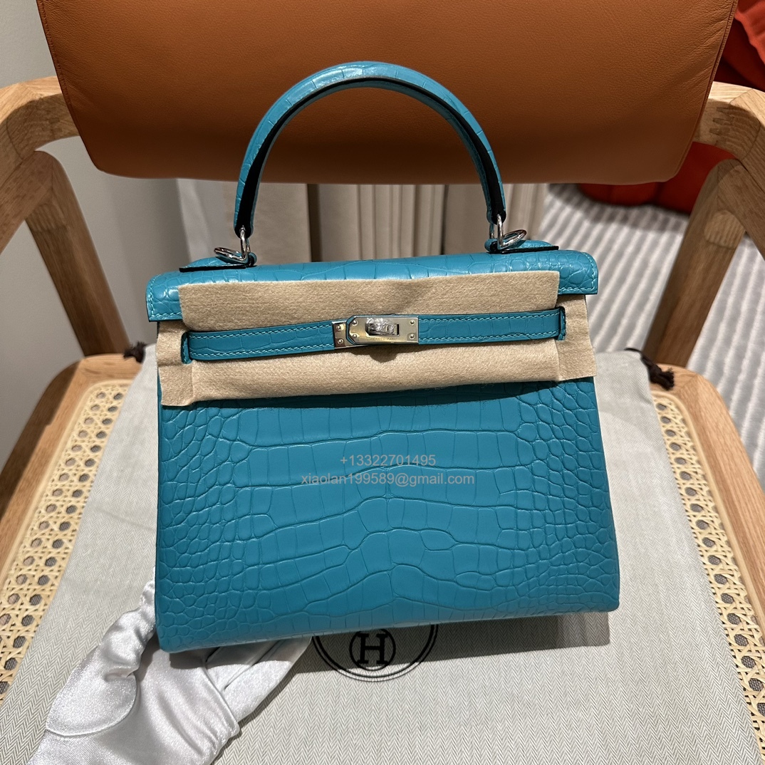 Hermès Kelly 25/28/32cm in Crocodile Leather, Fully Handmade Premium Private Customization-7F/Blue Paon