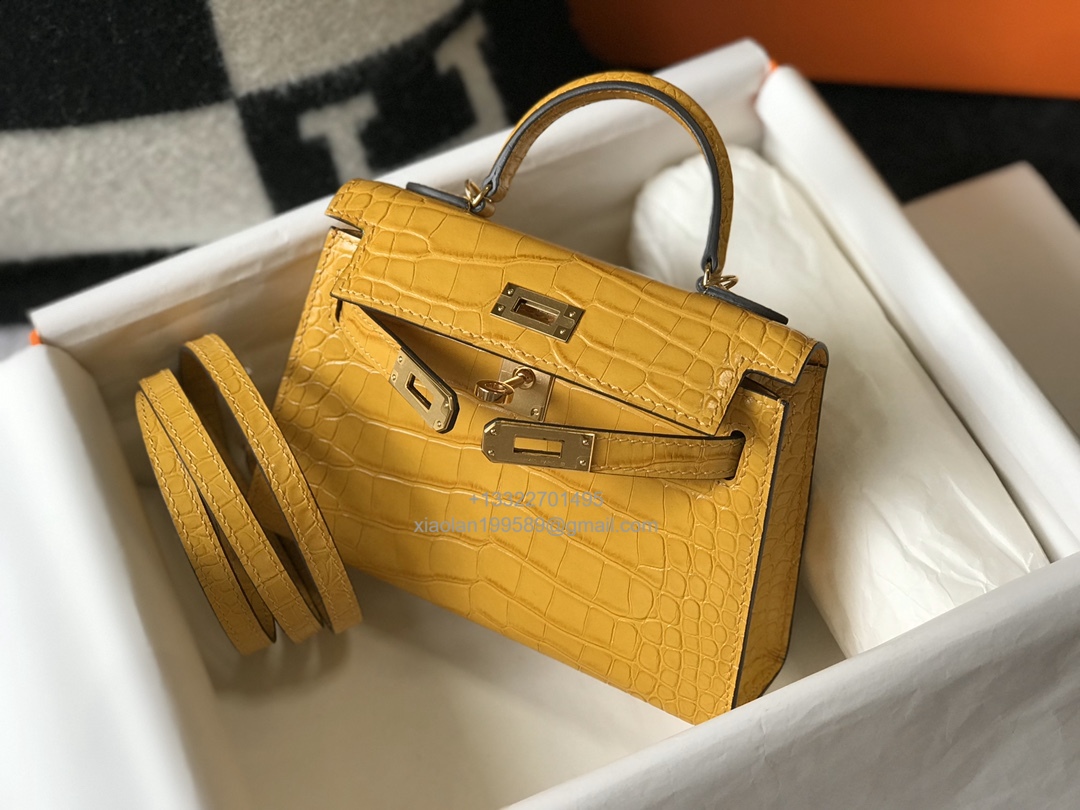 Hermès Mini Kelly in Crocodile Leather, Fully Handmade Premium Private Customization –Amber Yellow