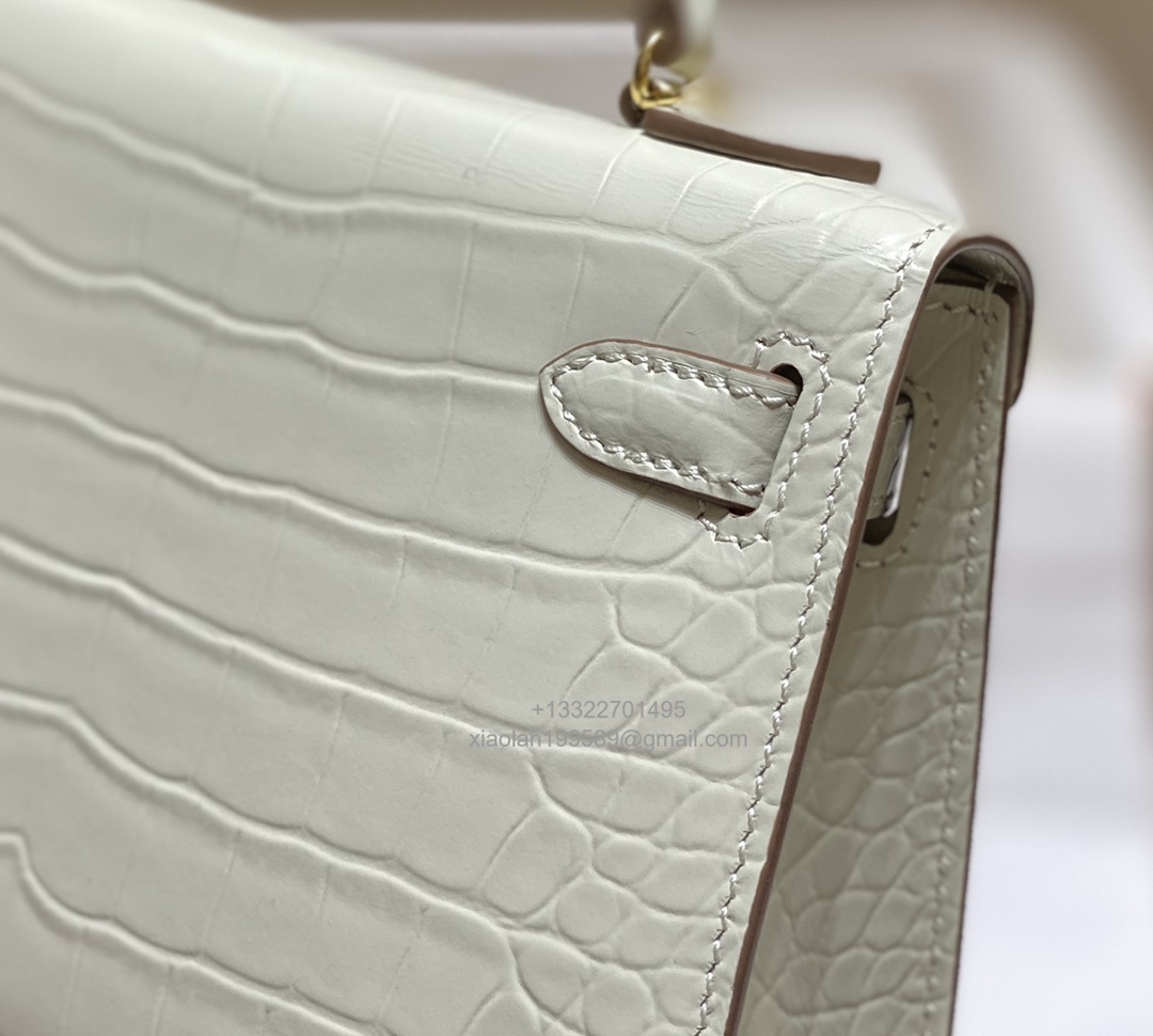 Hermès Mini Kelly in Crocodile Leather, Fully Handmade Premium Private Customization –Milkshake White