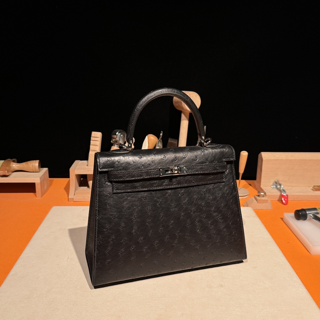 Kelly 25/28/32cm South African KK Ostrich Leather, Premium Fully Handcrafted Exclusive Custom –Black