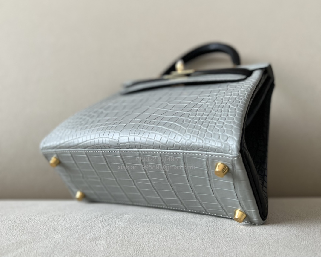 Hermès Kelly 25/28/32cm in Crocodile Leather, Fully Handmade Premium Private Customization-Pearl Grey/Black