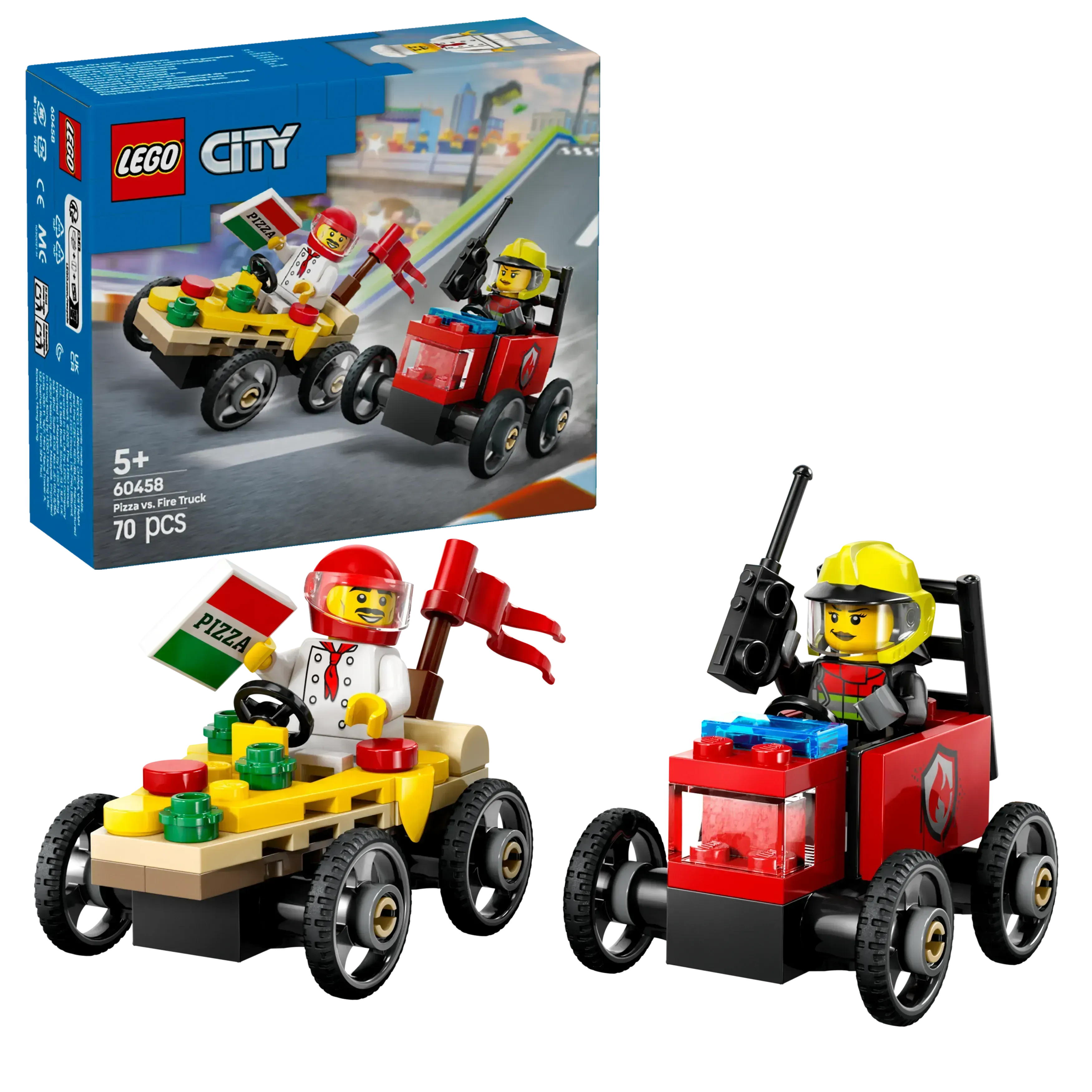 LEGO Raceauto pakket: pizzabestelwagen vs Brandweerwagen 60458 City