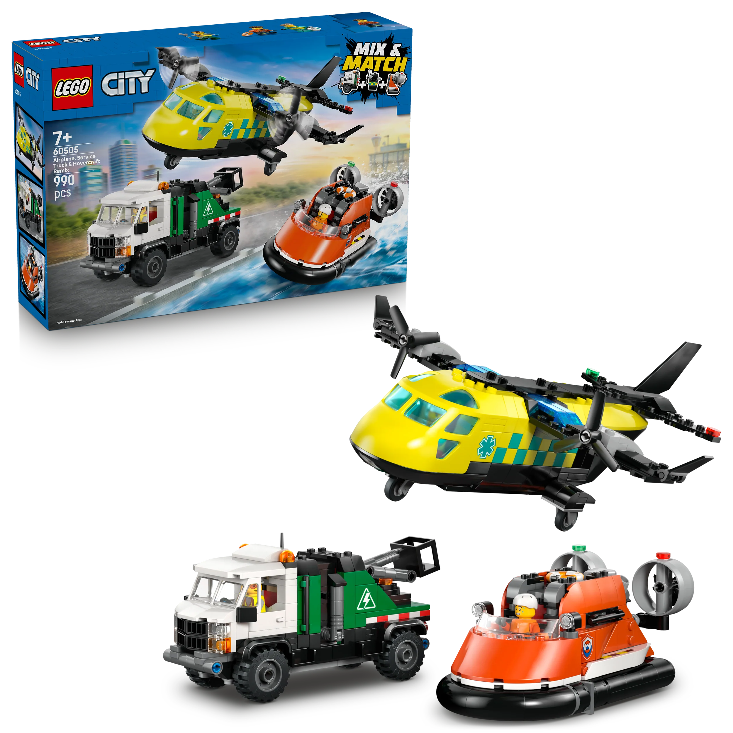 LEGO® City Vliegtuig, Servicewagen en Hovercraft Remix - Bouw- en Speelset met Hulpdienstvoertuigen - 60505
