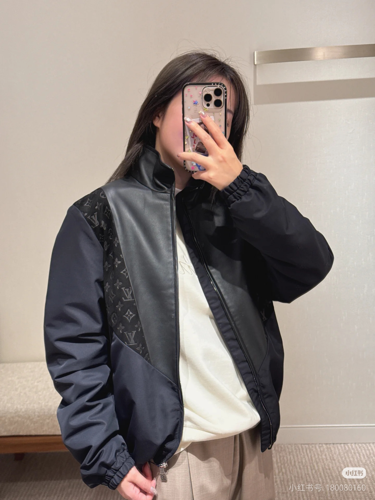 LOUIS VUITTON 老花压纹拼接皮衣夹克