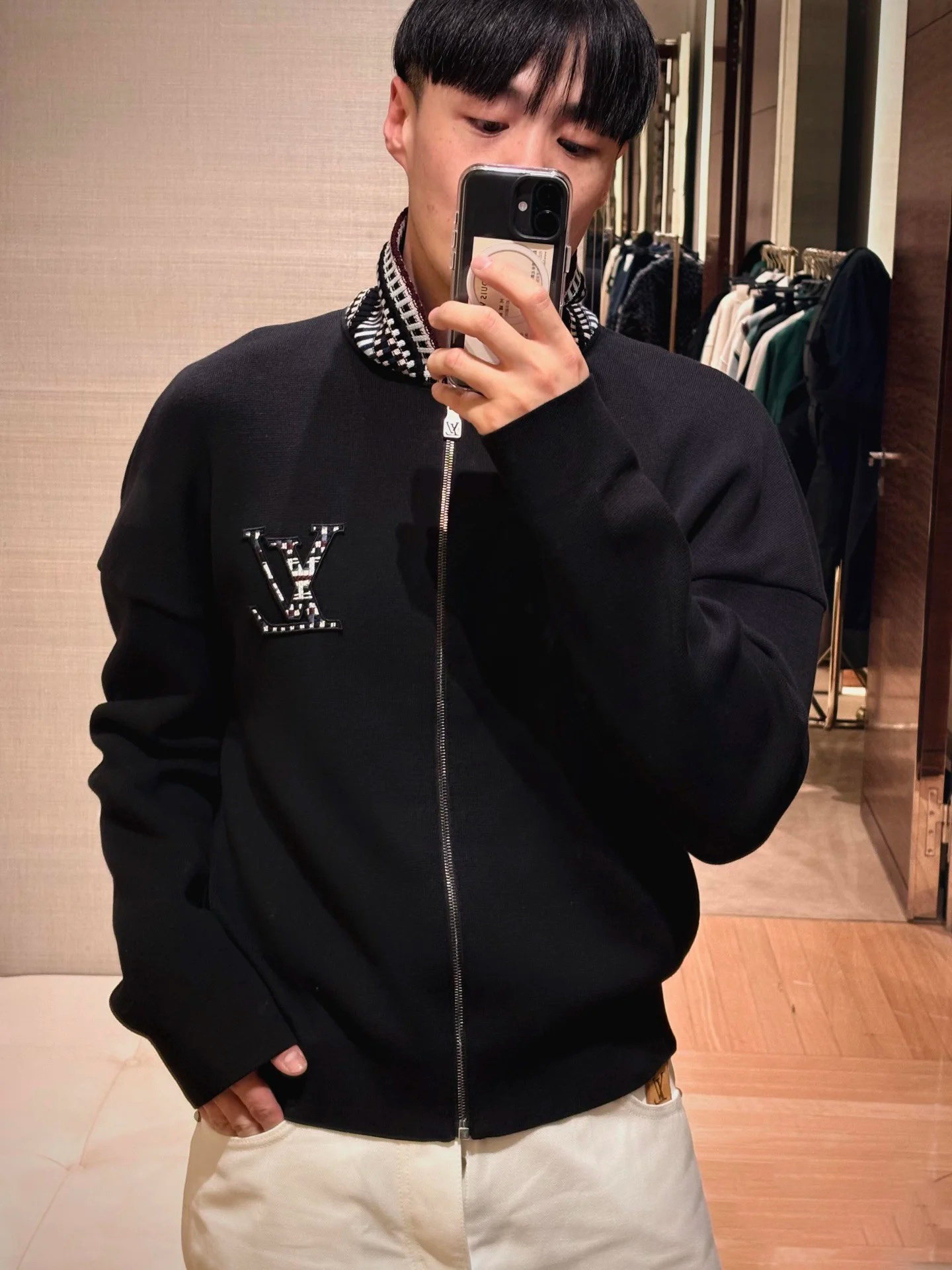 LOUIS VUITTON LOGO刺绣针织飞行夹克