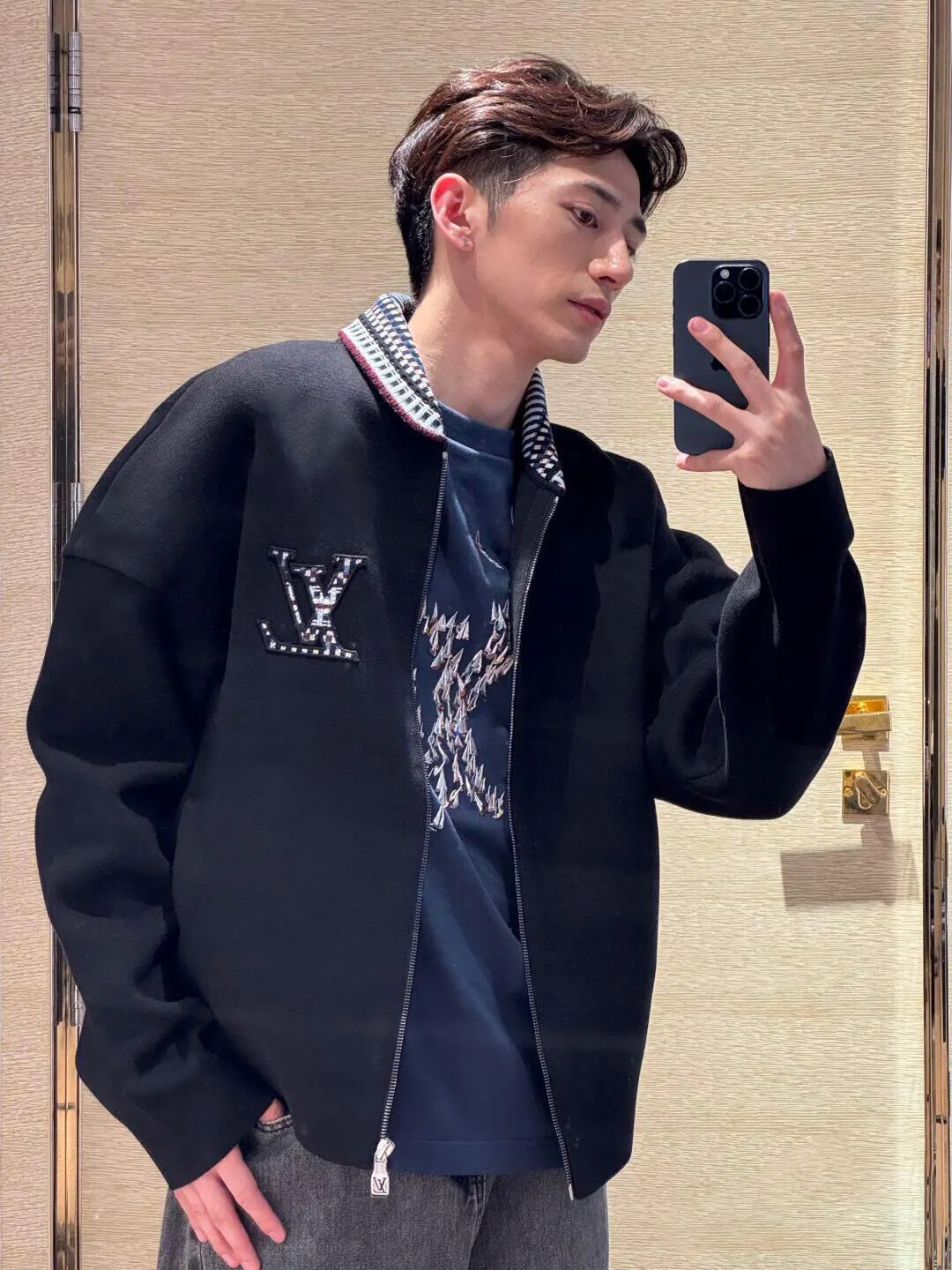 LOUIS VUITTON LOGO刺绣针织飞行夹克