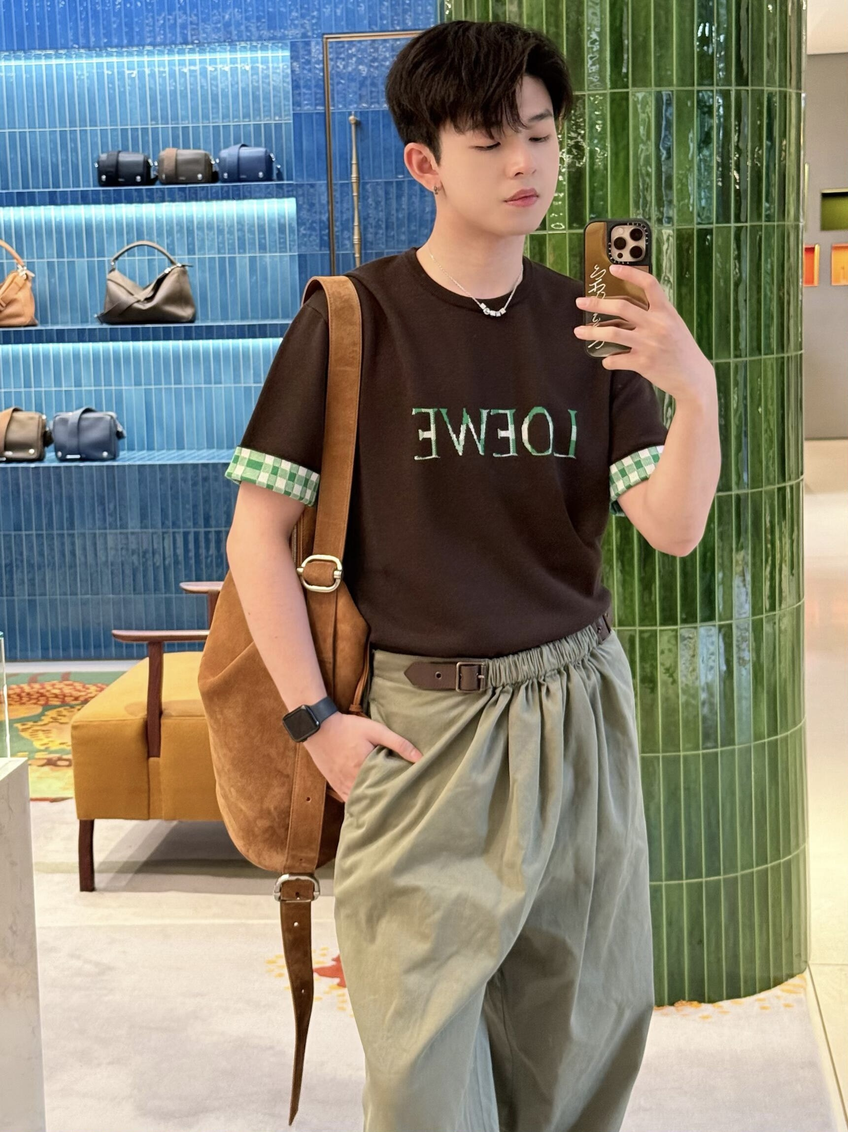 Loewe军绿皮带长裤