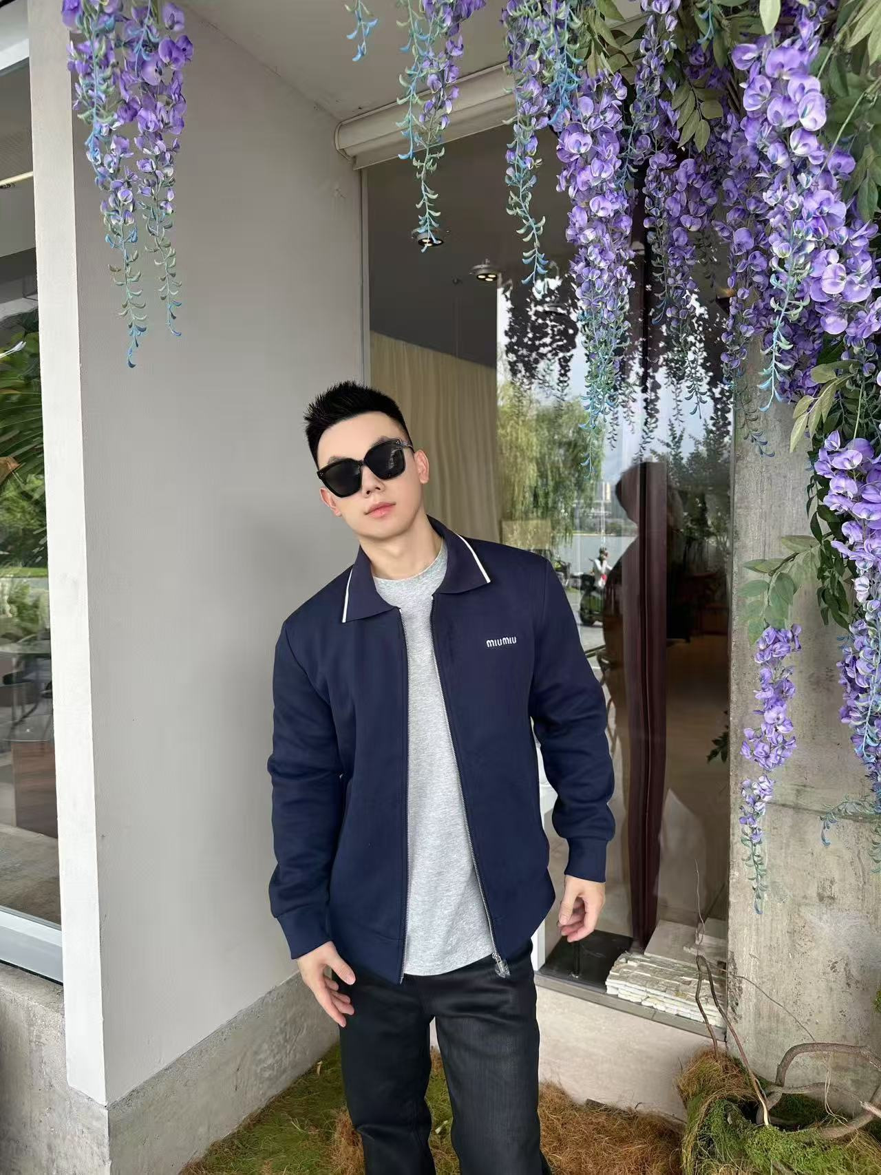 MIUMIU字母刺绣珠地布翻领外套