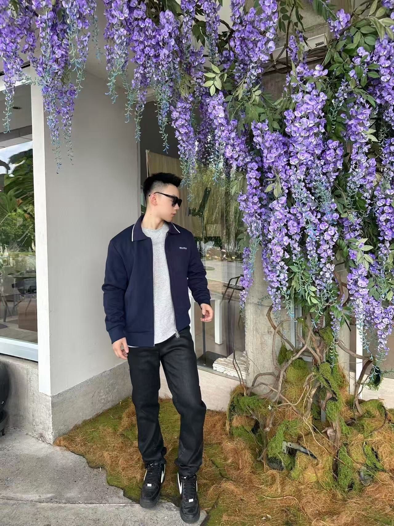 MIUMIU字母刺绣珠地布翻领外套