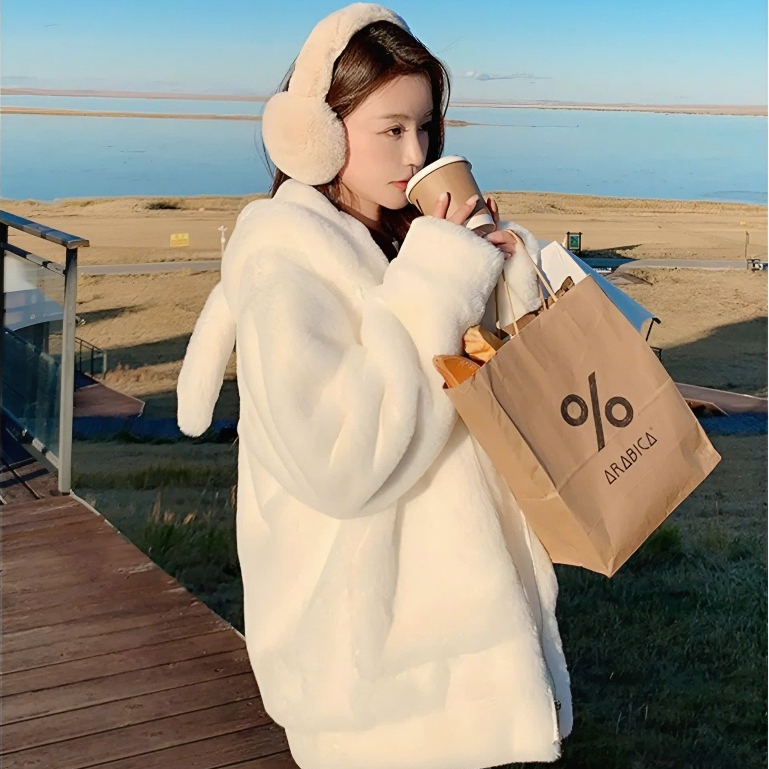 អាវរោមសត្វសម្រាប់នារីទន់រលោង មានមួក និងត្រចៀកខ្លាឃ្មុំ ដាក់ខ្សែសោពីរ មានទំហំធូរធារ