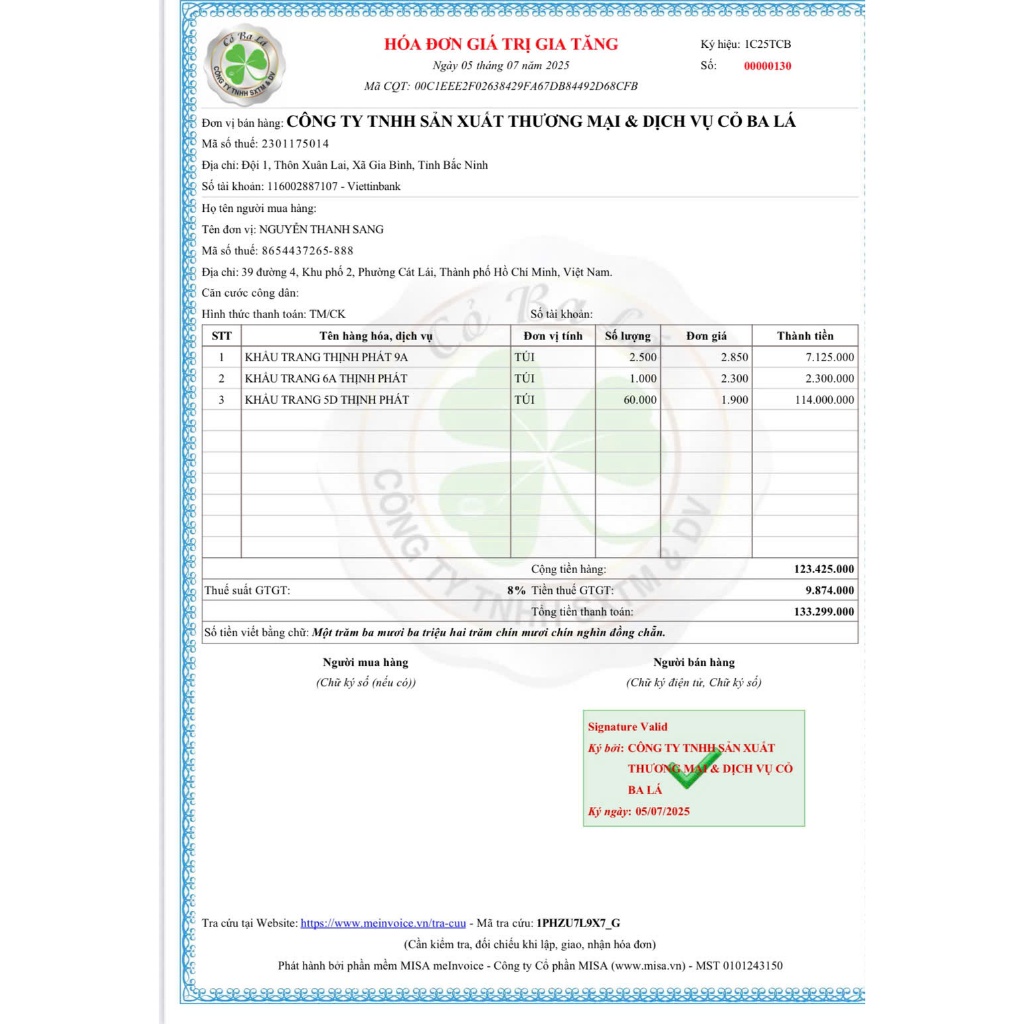 [កញ្ចប់ 100 សន្លឹក] ម៉ាស់ 5D Tan Phat / Thinh Phat