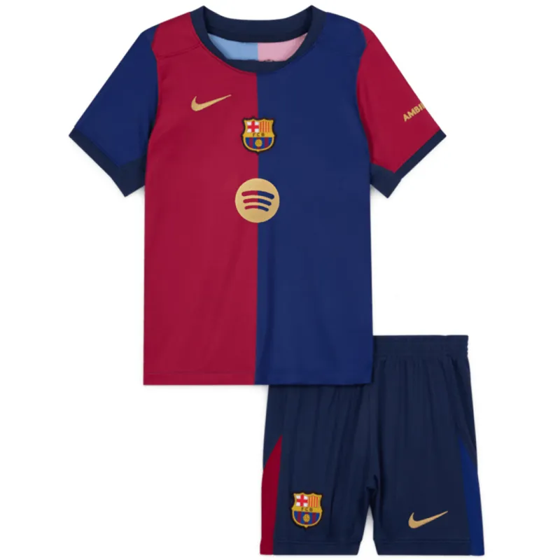 24-25 Barcelona Home Kids Kit Soccer Jersey+Shorts Without Spofity Text
