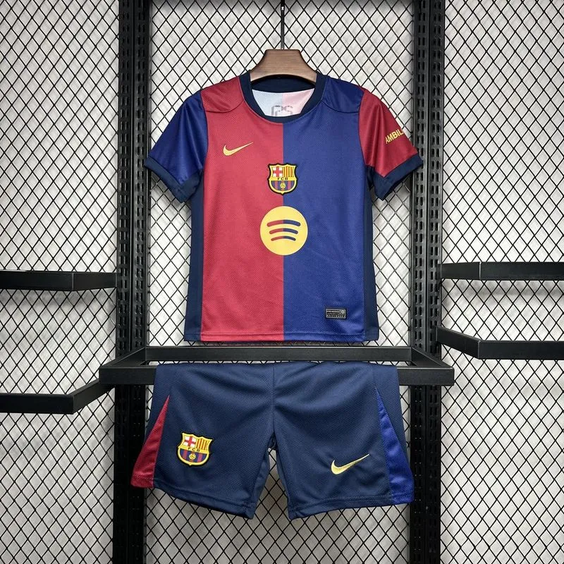 24-25 Barcelona Home Kids Kit Soccer Jersey+Shorts Without Spofity Text