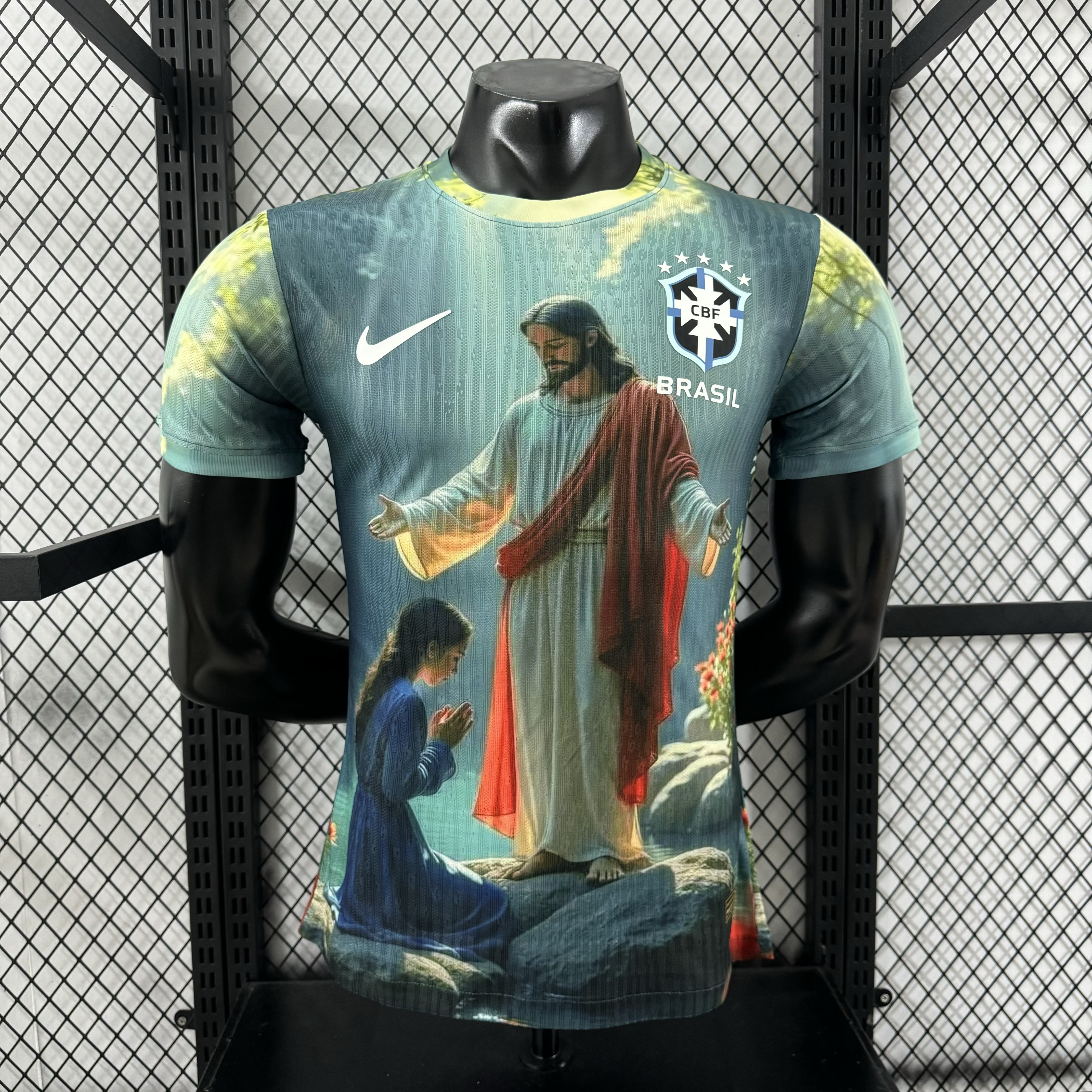 Player Version 2025 Brazil Light Blue with Jesus Christ Religious Artwork Jersey