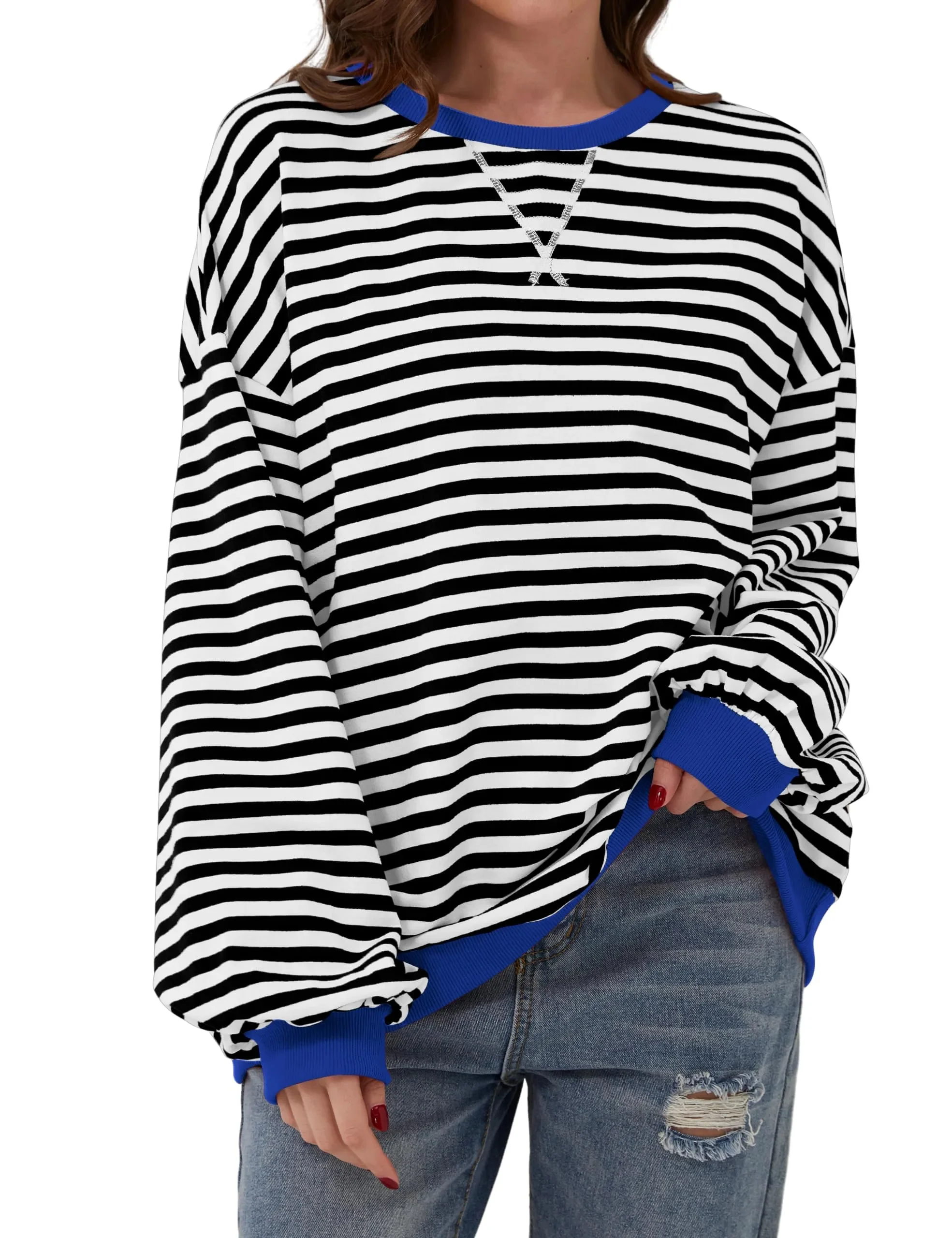 🔥2024 NEW🔥 WOMEN'S OVERSIZED STRIPED LONG SLEEVE PULLOVER (BUY 2 FREE SHIPPING)