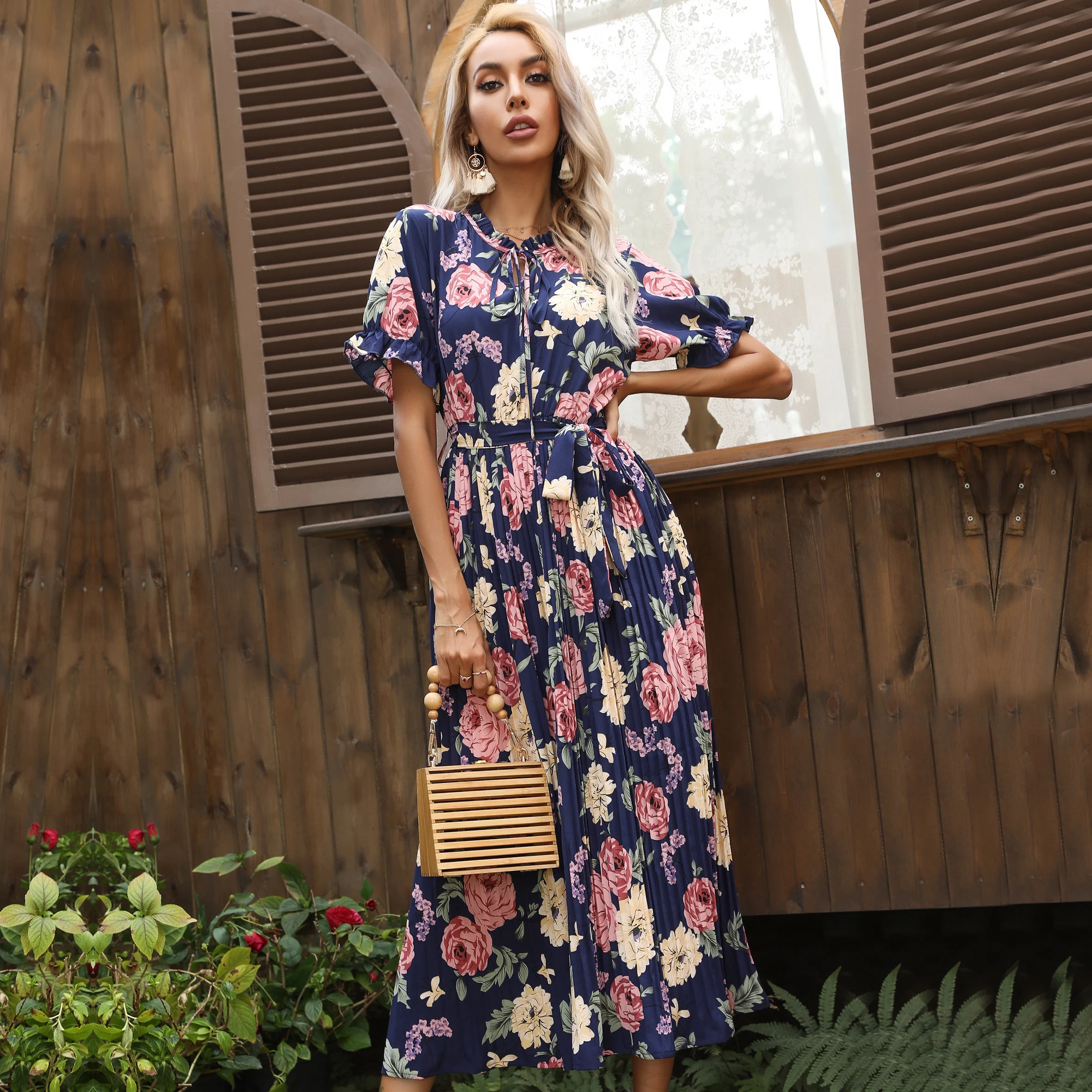 Long skirt ruffled design feeling European and American Sen dress