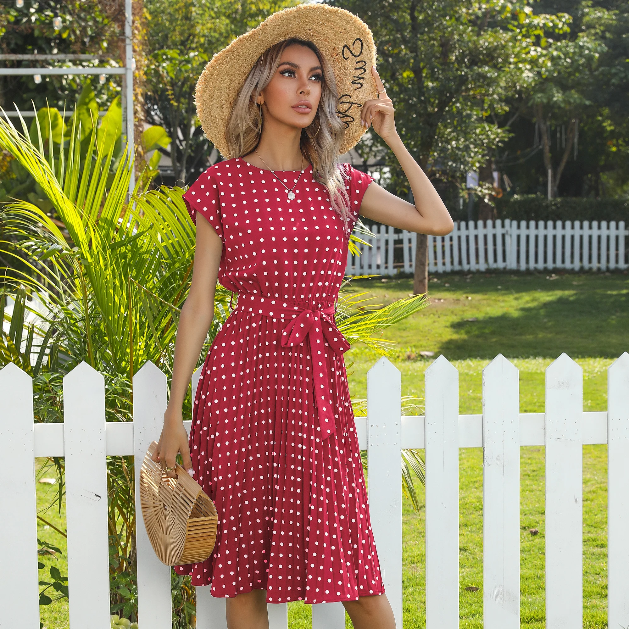 Mid Length Short Sleeve Tie Polka Dot Pleated Dress