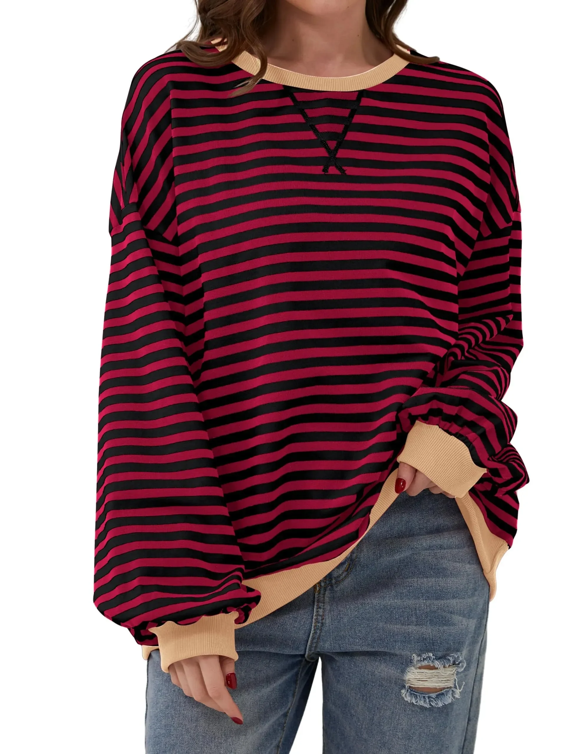 🔥2024 NEW🔥 WOMEN'S OVERSIZED STRIPED LONG SLEEVE PULLOVER (BUY 2 FREE SHIPPING)