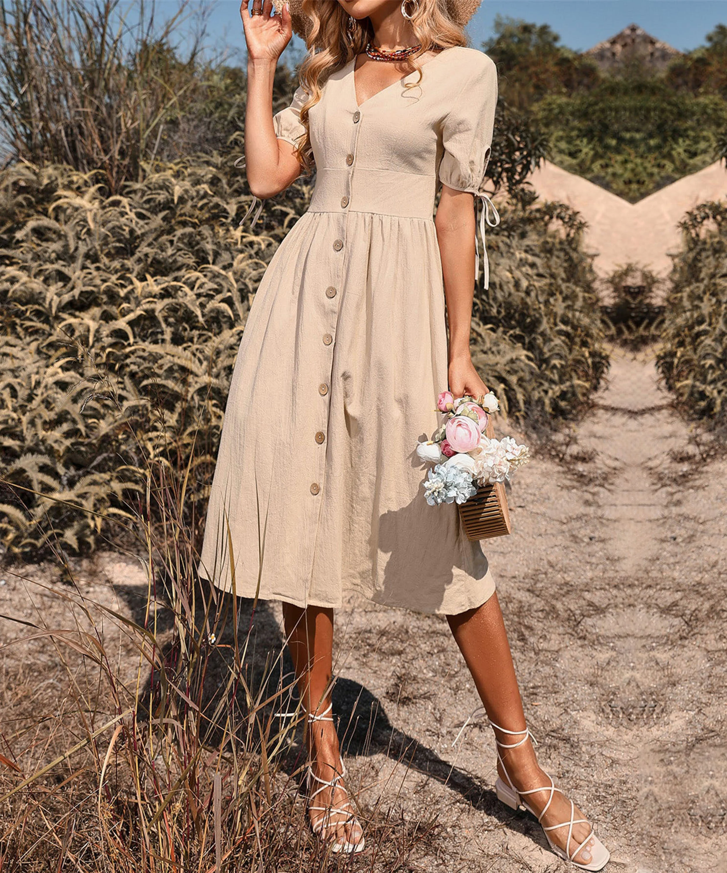 Ladies Mid Length Short Sleeve V Neck Solid Color Dress