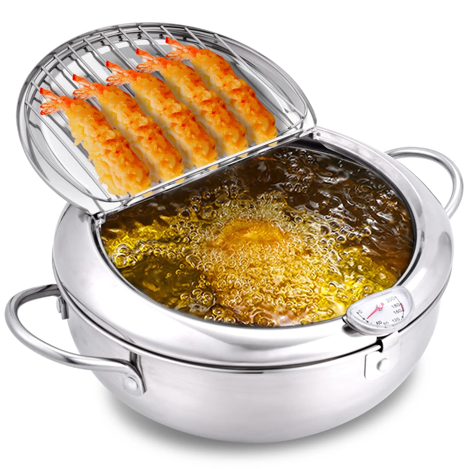 Japanese Style Deep Frying Pot With Temperature Control And Oil Drip Drainer Rack