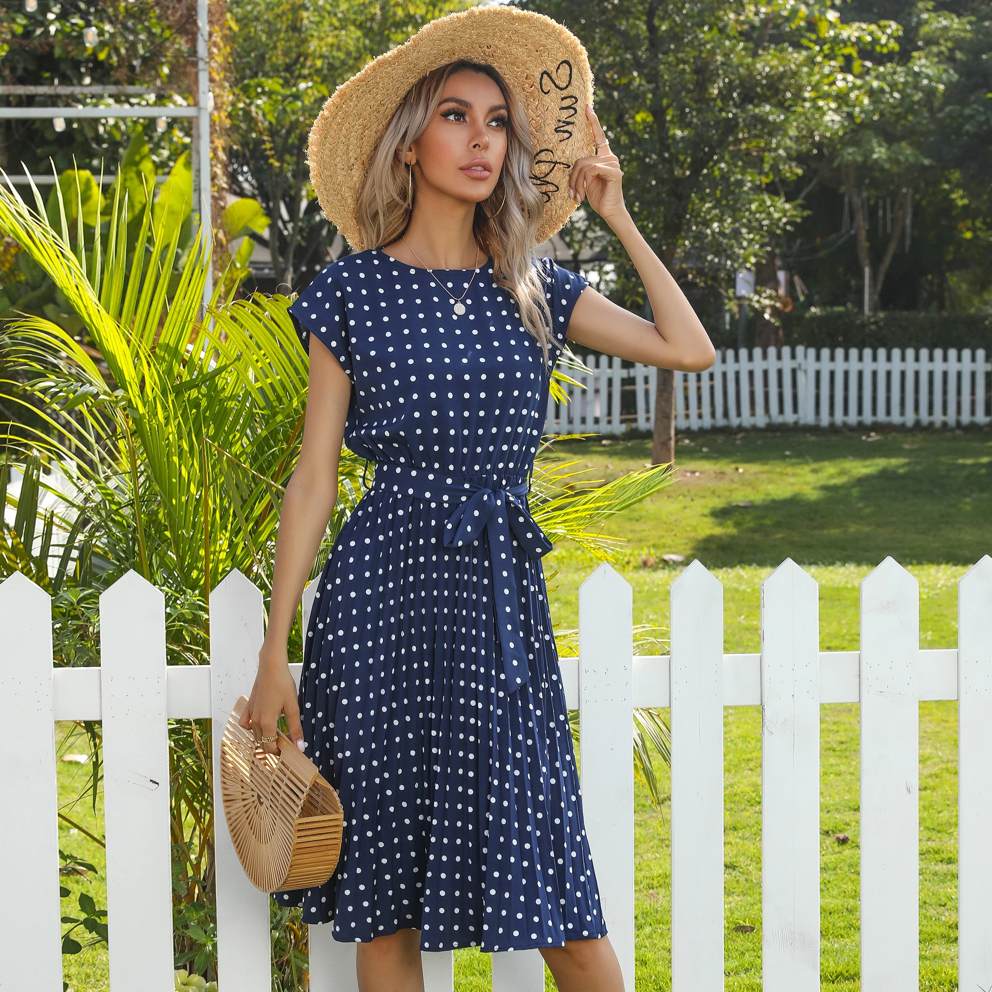Mid Length Short Sleeve Tie Polka Dot Pleated Dress